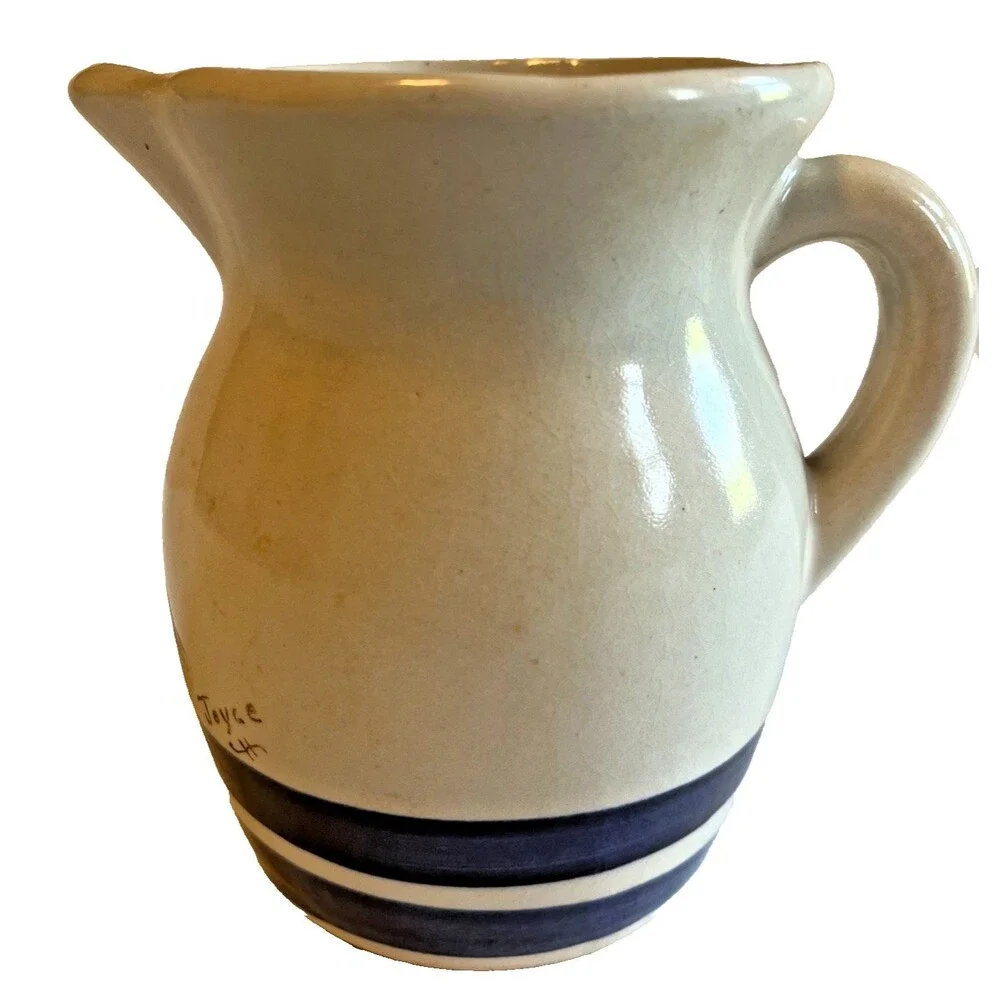 USA Pottery Hand Painted American Landscape Blue Stripe 4 3/4